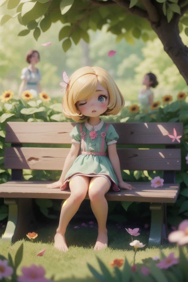 ((2 girls)),cute girl sitting on bench in garden,frilled dirndl,from above,looking up,cobblestone pavement,blonde hair,fine bob cut,(hair over one eye),(dappled sunlight:1.2),blurry,(depth of field:1.1),head tilt,:o,(petals),tree,butterfly, barefoot, no panties, showing pussy, legs spread, uncensored