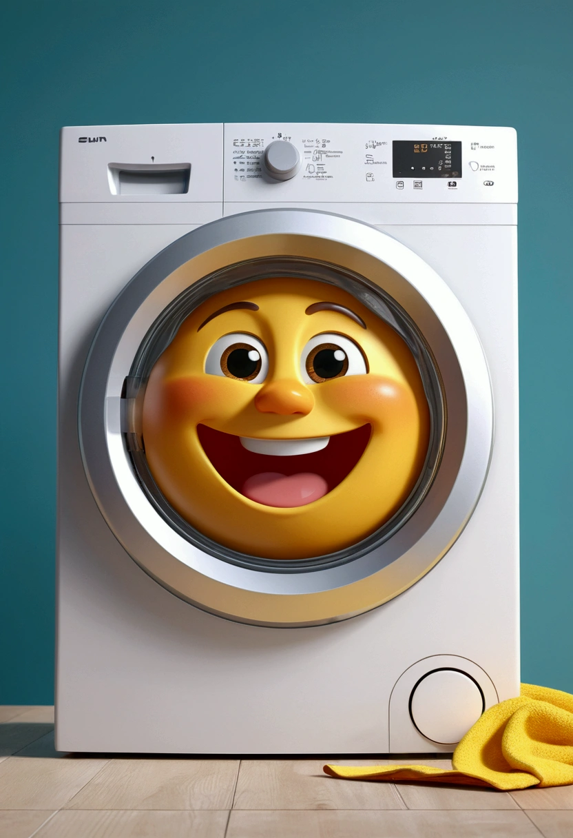 A cute sun character with a smiling face and happy eyes, washing machine until it turns perfect golden with a happy touch. The character is designed in the style of Pixar animation, featuring a bright and fun design, washing clothes. --ar 1:1 -- in 6.0 --3D rendering