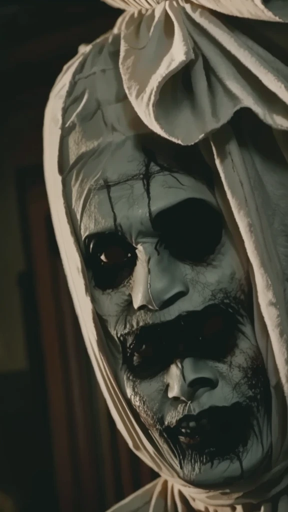 Pocong . Ghost.(( Scary face.))((White eyes)) Skeleton. Movie mood horror. Bood on face. ((Realistic))