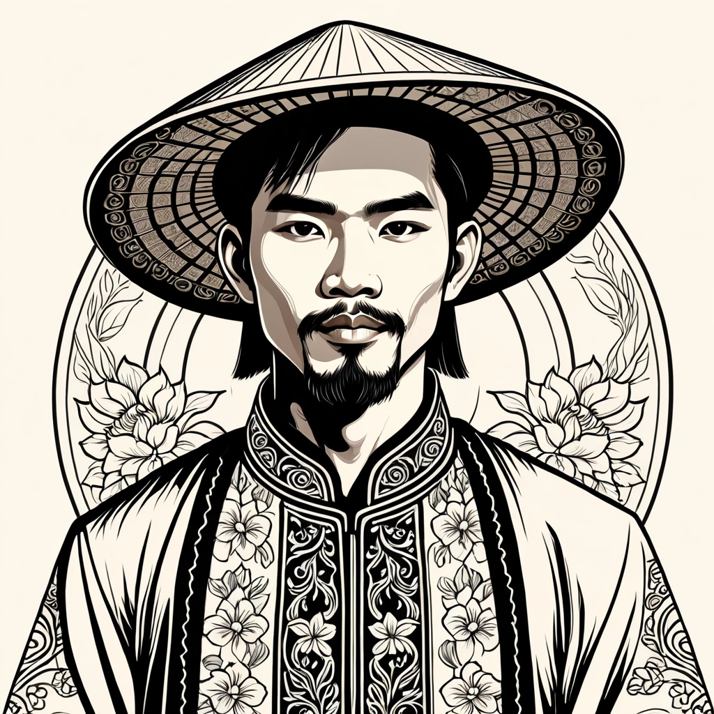 man in vietnam folk outfit, vector graphics, strong contours