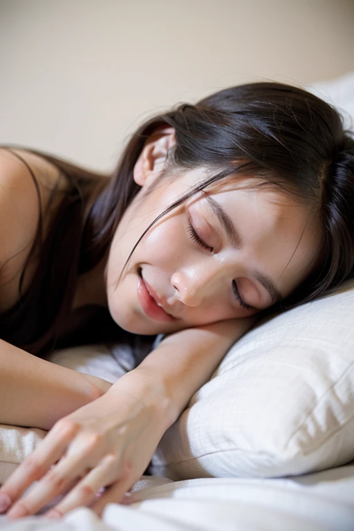 beautiful girl sleeping, on the bed, smile,