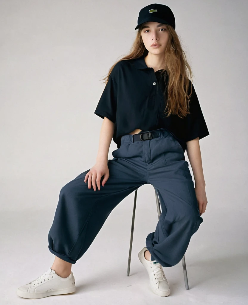 A 19-year-old woman with long hair and a backwards black Lacoste cap,a loose blouse and loose pants and a little line on the eyebrow,of lesbian sexuality , appear full body showing baggy pants and baggy blouse, appealing