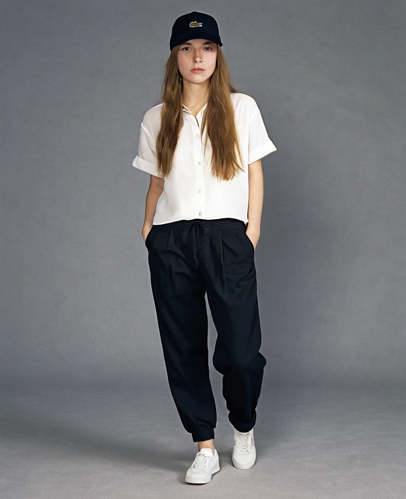 A 19-year-old woman with long hair and a backwards black Lacoste cap,a loose blouse and loose pants and a little line on the eyebrow,of lesbian sexuality , appear full body showing baggy pants and baggy blouse, appealing