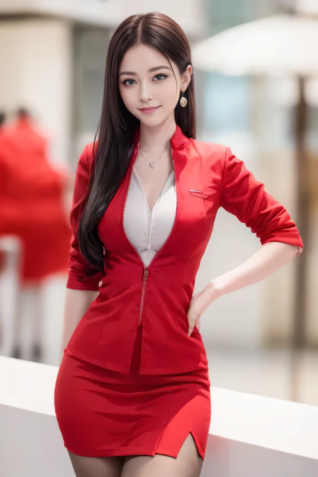 (masterpiece:1.2, Highest quality:1.2), 32k HDR, High resolution, (alone, 1 Girl), (AirAsia stewardess uniform realistic style), A proper woman, Beautiful Face, Brown Hair, (Long hair down to the legs), (Red jacket:1.1, Unzipped jacket, Unbuttoned white shirt:1.05, Red mini skirt:1.1, pantyhose),(Showing big through cleavage in unbuttoned white shirt)、(long hair that reaches down to the legs)、Perfect slim body:1.1, Huge breasts, huge breasts cleavage, Detailed skin texture, Beautiful Eyes, (Attractive look:1.2), necklace、Earrings、(forward leaning posture:1.5), On the roof of a building, Rooftop at daytime,blue eyes、Hands should be lowered