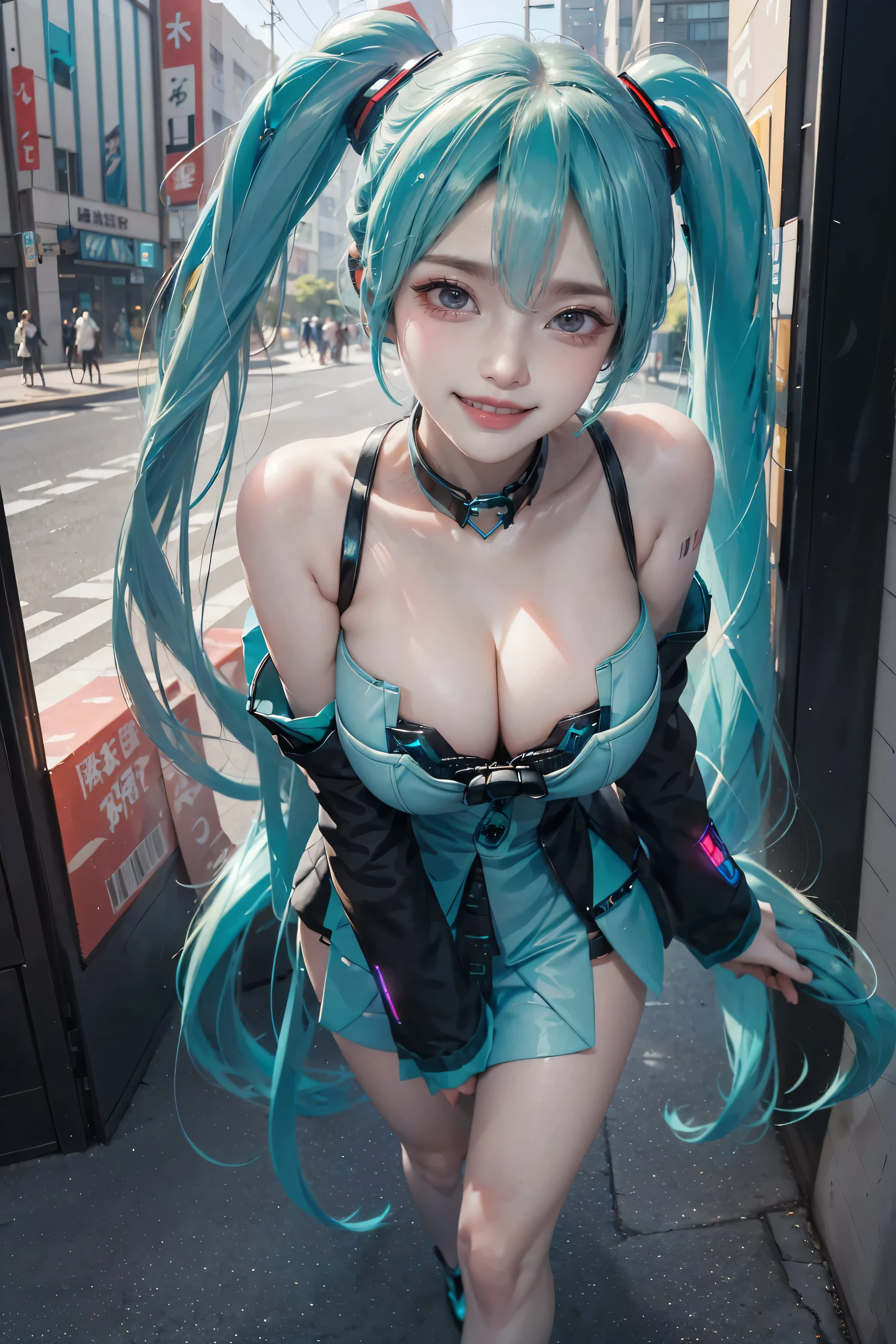 ((16K)),(masterpiece:1.3, Highest quality, Ultra-high resolution, Super detailed), (Realistic, photoRealistic:1.4), Perfect lighting, colorful, Depth of written boundary, Browsing Caution, Surrealism,Face Light,(( large breasts:1.4)),Beautiful detailed hair,((Beautiful eyelashes)), Beautifully detailed face, Beautiful fine details, Beautiful clavicle, Beautiful body, thin脚,Beautiful breasts, Beautiful feet, Beautiful Hands, Cleavage, Pointed Chest, thin, 1 girl, Perfect Face, Long eyelashes,Perfect Anatomy, Supermodel with a long neck,,((Skinny1.3)),looking at the camera,(Perfect Anatomy,Anatomically correct, Highly detailed skin), Shiny skin,((beautiful girl:1.1)), ((Cute smile:1.3)),(((hatsune miku))),Long twin-tailed ponytail, Light Tosca Hair and Eye Color (((Intense colors))), (((futuristic hatsune miku dress 1:1))), Dynamic pose,Tokyo, filled with people crossing the streets. Tall buildings with colorful billboards and advertisements surround the intersection. Bright and lively atmosphere, clear skies, and a sense of movement and energy in the scene,View from the side,