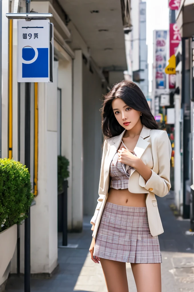 a 16 year old girl, she is the most beautiful actress in the world, the perfect body proportions of this girl, indirect breast bulge of tightly clothed upper body, the blazer is appropriately buttoned up on the formal shirt above the short skirt that's hardly covering the panties between her bare legs, the panties below the short skirt is seen just 1 cm, it's only one description of one body, it from right above her head to right below her shins are within the space, the front of her body, looking forward to viewer, she is standing, at the city street, nsfw, best quality, highly detailed, masterpiece, ultra high res, photo realistic, 8k, RAW photo