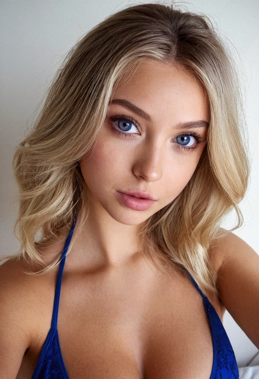 arafed femme pleinement , fille sexy aux yeux bleus, Ultra réaliste, minutieusement détaillé, portrait sophie mudd, cheveux blonds et grands yeux, selfie d&#39;une jeune femme, yeux de la chambre, violette myers, sans maquillage, maquillage naturel, regarder directement la caméra, visage avec artgram, maquillage subtil, superbe photo de tout le corps à genoux sur le lit, dans la chambre, buste de taille moyenne à grande, Femme en bikini