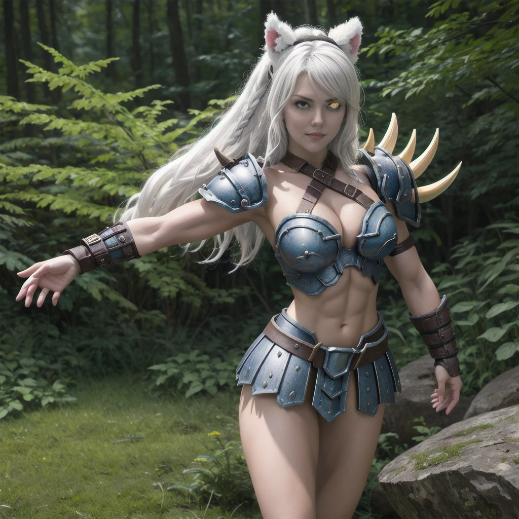 1girl, solo, cowboy shot, full body photo, photorealistic, close up, beautiful detailed face and eyes, realistic skin texture, standing, seductive smile, mouth closed, expressionless, looking at viewer, large breasts, thin waist, medium hips, abs, toned, rengar, animal ears, armor, blue eye, yellow eyepatch, heterochromia, underboob, muscular female, shoulder armor, angry, white hair, outdoors, forest, nature, particles, epic background, dynamic pose, vibrant colors, 4k resolution, depth of field