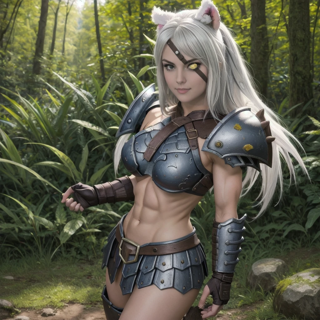 1girl, solo, cowboy shot, full body photo, photorealistic, close up, beautiful detailed face and eyes, realistic skin texture, standing, seductive smile, mouth closed, expressionless, looking at viewer, large breasts, thin waist, medium hips, abs, toned, rengar, animal ears, armor, blue eye, yellow eyepatch, heterochromia, underboob, muscular female, shoulder armor, angry, white hair, outdoors, forest, nature, particles, epic background, dynamic pose, vibrant colors, 4k resolution, depth of field