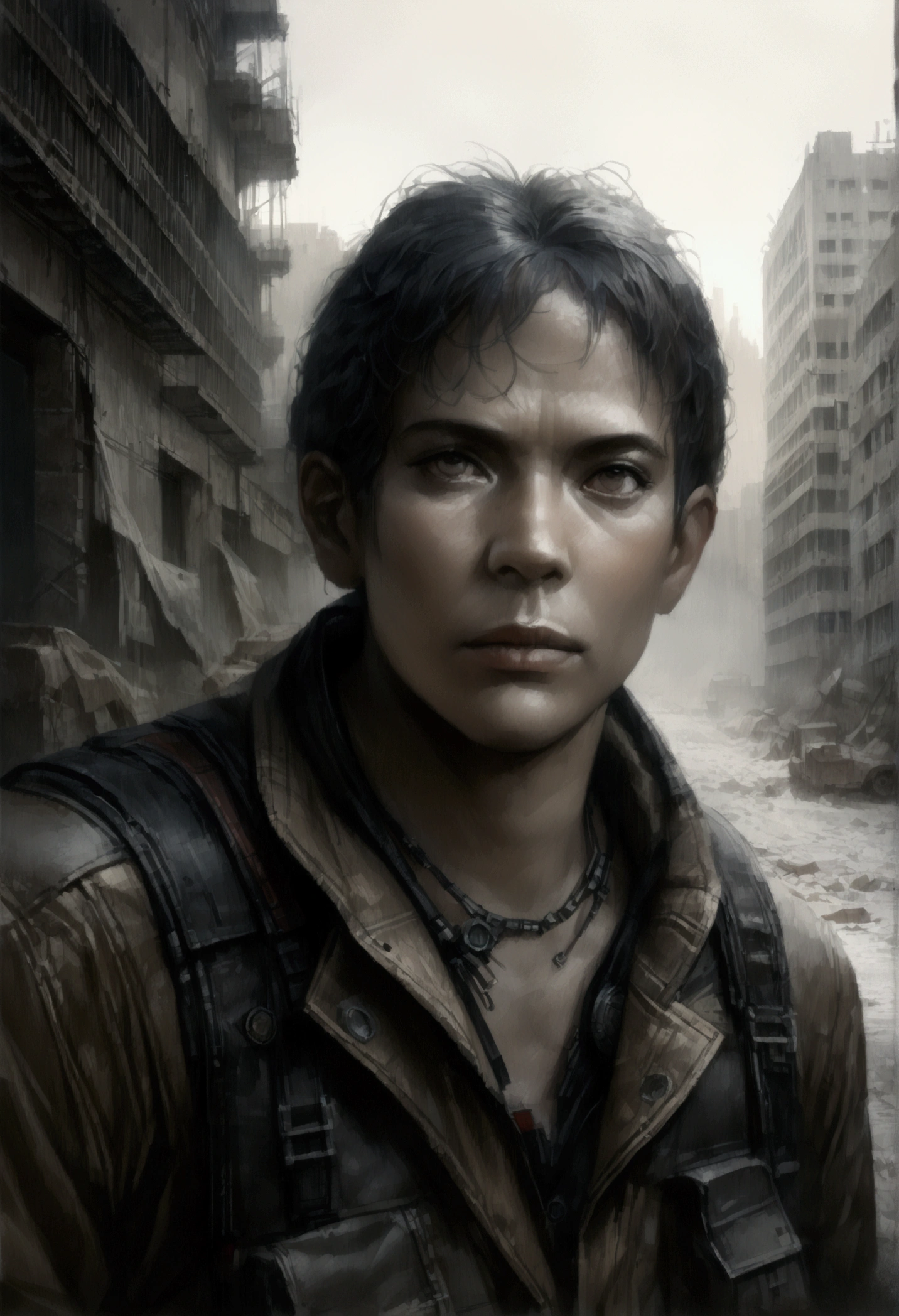 a man in a post-apocalyptic world, detailed portrait, haunting expression, intense gaze, worn and tattered clothing, survival gear, desolate abandoned city in the background, gritty and realistic atmosphere, dramatic and moody lighting, muted color palette, (best quality,8k,highres,masterpiece:1.2),ultra-detailed,(realistic,photorealistic,photo-realistic:1.37),cinematic composition,dystopian sci-fi,dramatic lighting,environmental storytelling