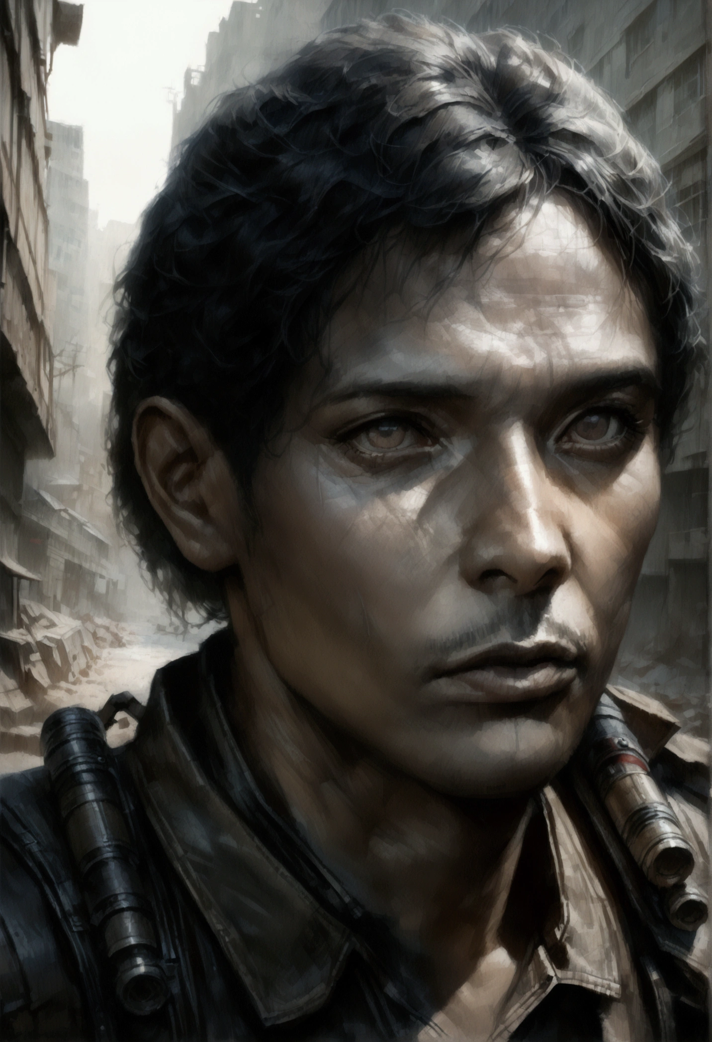 a man in a post-apocalyptic world, detailed portrait, haunting expression, intense gaze, worn and tattered clothing, survival gear, desolate abandoned city in the background, gritty and realistic atmosphere, dramatic and moody lighting, muted color palette, (best quality,8k,highres,masterpiece:1.2),ultra-detailed,(realistic,photorealistic,photo-realistic:1.37),cinematic composition,dystopian sci-fi,dramatic lighting,environmental storytelling