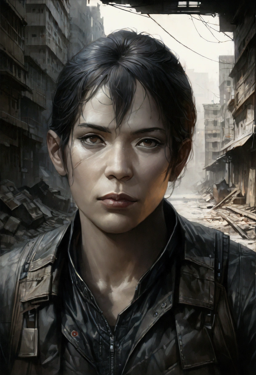 a man in a post-apocalyptic world, detailed portrait, haunting expression, intense gaze, worn and tattered clothing, survival gear, desolate abandoned city in the background, gritty and realistic atmosphere, dramatic and moody lighting, muted color palette, (best quality,8k,highres,masterpiece:1.2),ultra-detailed,(realistic,photorealistic,photo-realistic:1.37),cinematic composition,dystopian sci-fi,dramatic lighting,environmental storytelling
