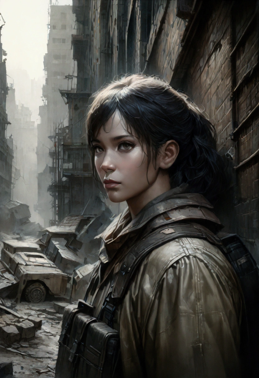 a man in a post-apocalyptic world, detailed portrait, haunting expression, intense gaze, worn and tattered clothing, survival gear, desolate abandoned city in the background, gritty and realistic atmosphere, dramatic and moody lighting, muted color palette, (best quality,8k,highres,masterpiece:1.2),ultra-detailed,(realistic,photorealistic,photo-realistic:1.37),cinematic composition,dystopian sci-fi,dramatic lighting,environmental storytelling