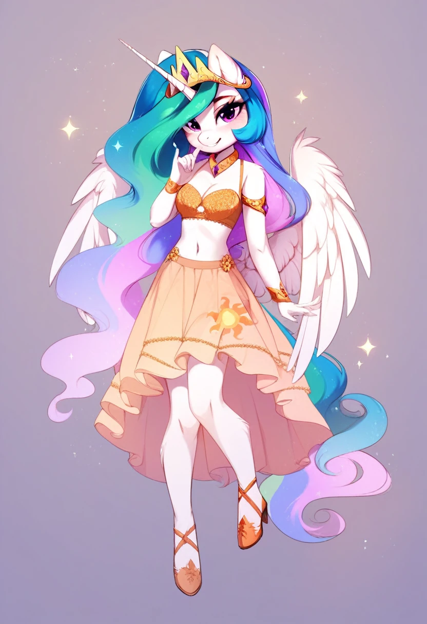 check_9, check_8_up, check_7_up, source_fluffy, rating_safe, from Magnaluna, Celestia poses seductively in a white bedroom, pink eyes, white body, anthro, blushing, wearing tight golden lingerie skirt, full body