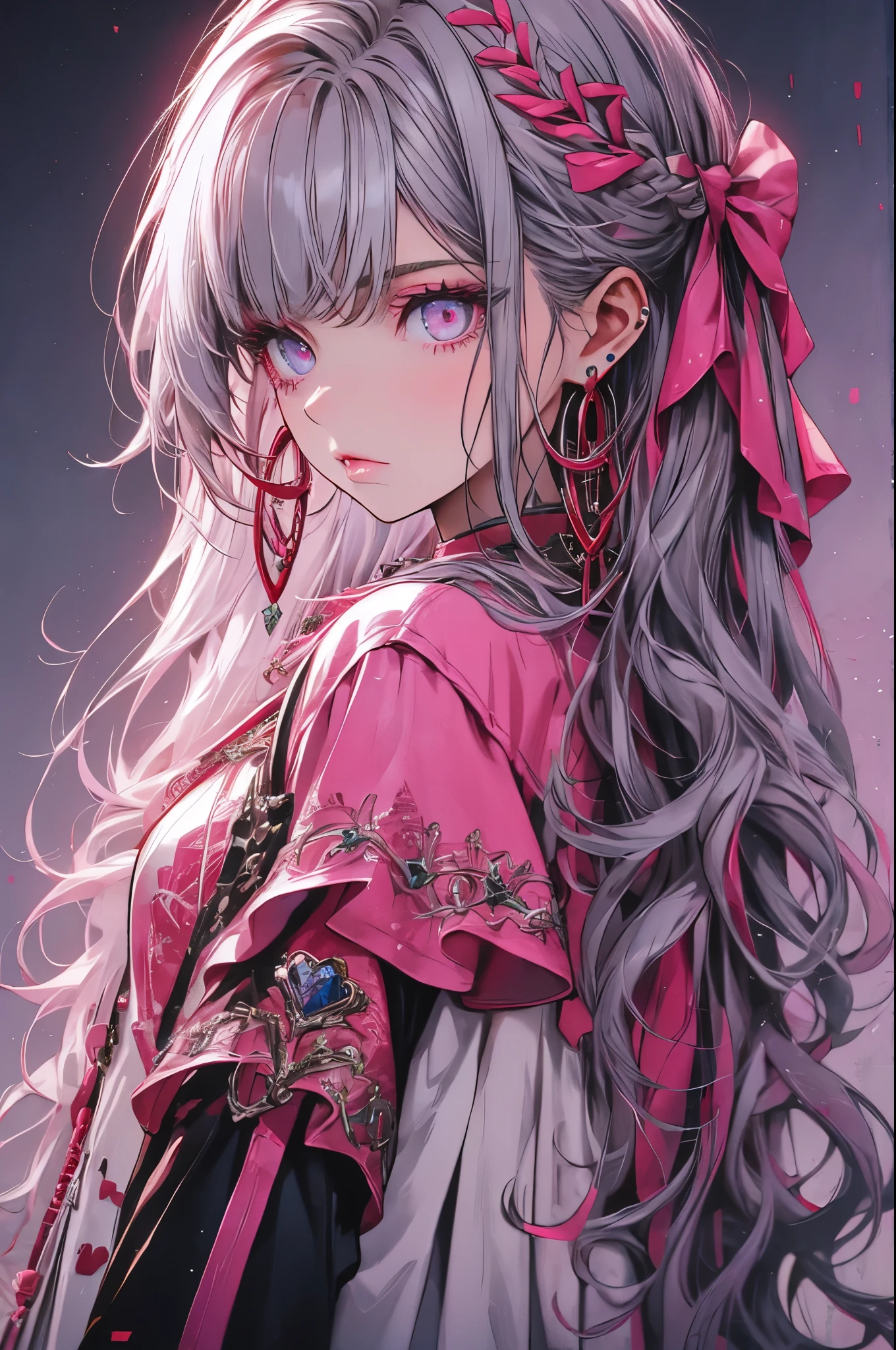 Red Flow, 1 girl, alone, Long Hair, Looking at the audience, Blue Eyes Background, White Background, jewelry, Mouth closed, Jacket, Upper Body, Gray Hair, Earrings, Pink Eyes, necklace, From the side, Oversized T-shirt, lips, eyelash, Compensate, Wavy Hair, Earrings, cross, lipstick, ear Earrings, eye shadow, hoop Earrings, pink lips, Variegated eyes , pink eye shadow,