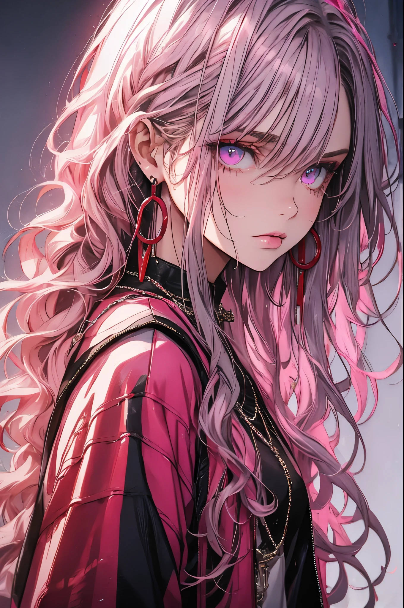 Red Flow, 1 girl, alone, Long Hair, Looking at the audience, Blue Eyes Background, White Background, jewelry, Mouth closed, Jacket, Upper Body, Gray Hair, Earrings, Pink Eyes, necklace, From the side, Oversized T-shirt, lips, eyelash, Compensate, Wavy Hair, Earrings, cross, lipstick, ear Earrings, eye shadow, hoop Earrings, pink lips, Variegated eyes , pink eye shadow,