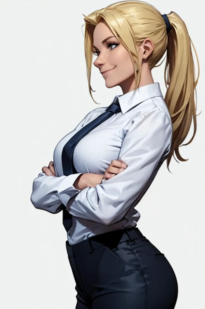 woman, style marvel comics, side view, kind smile, face at the viewer, arms crossed over her chest, Hair in a ponytail, blonde hair, white shirt with long sleeves, dark blue tie, gray pants, upper body focus, White background