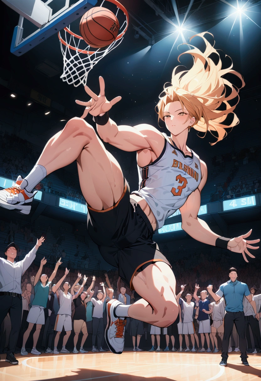 1boy, Game-Winning Dunk, a basketball player jumping high, performing a spectacular slam dunk, intense action pose, muscular male body, dynamic movement, basketball court, crowd cheering, dramatic lighting, cinematic composition, 8k, (4k,highres:1.2), ultra-detailed, studio lighting, extreme detail description, professional, vivid colors, masterpiece, best quality, very aesthetic, absurdres