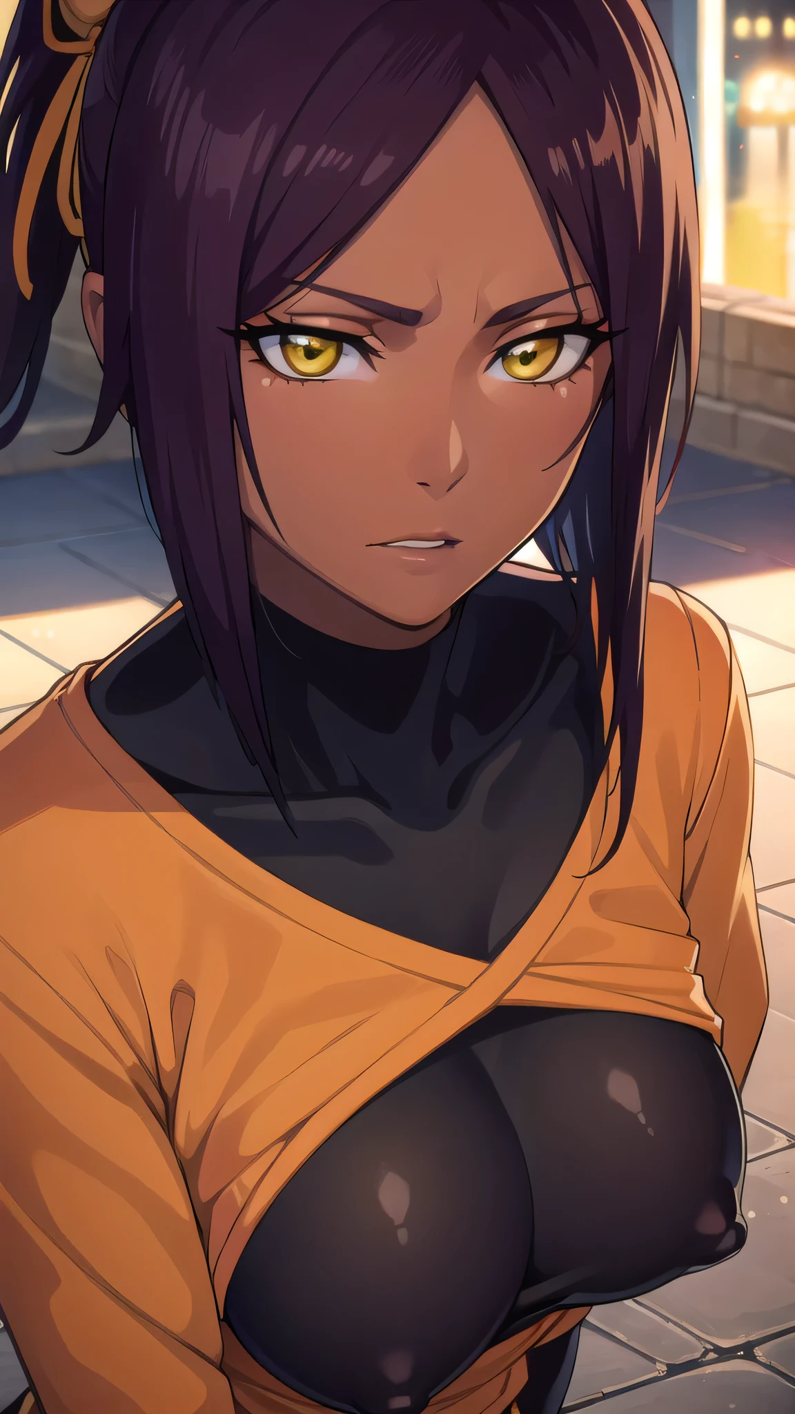 BREAK looking at viewer,BREAK (masterpiece:1.2), best quality, high resolution, unity 8k wallpaper, (illustration:0.8), (beautiful detailed eyes:1.6), extremely detailed face, perfect lighting, extremely detailed CG, (perfect hands, perfect anatomy),yoruichi shihouin, long hair, (yellow eyes:1.5),city,in street,night,lights,wet road,reflections,ponytail, purple hair, dark skin, dark-skinned female,
bodysuit, black bodysuit, bodysuit under clothes, (orange shirt:1.5), long sleeves,nipples,from above,bend over,wet.