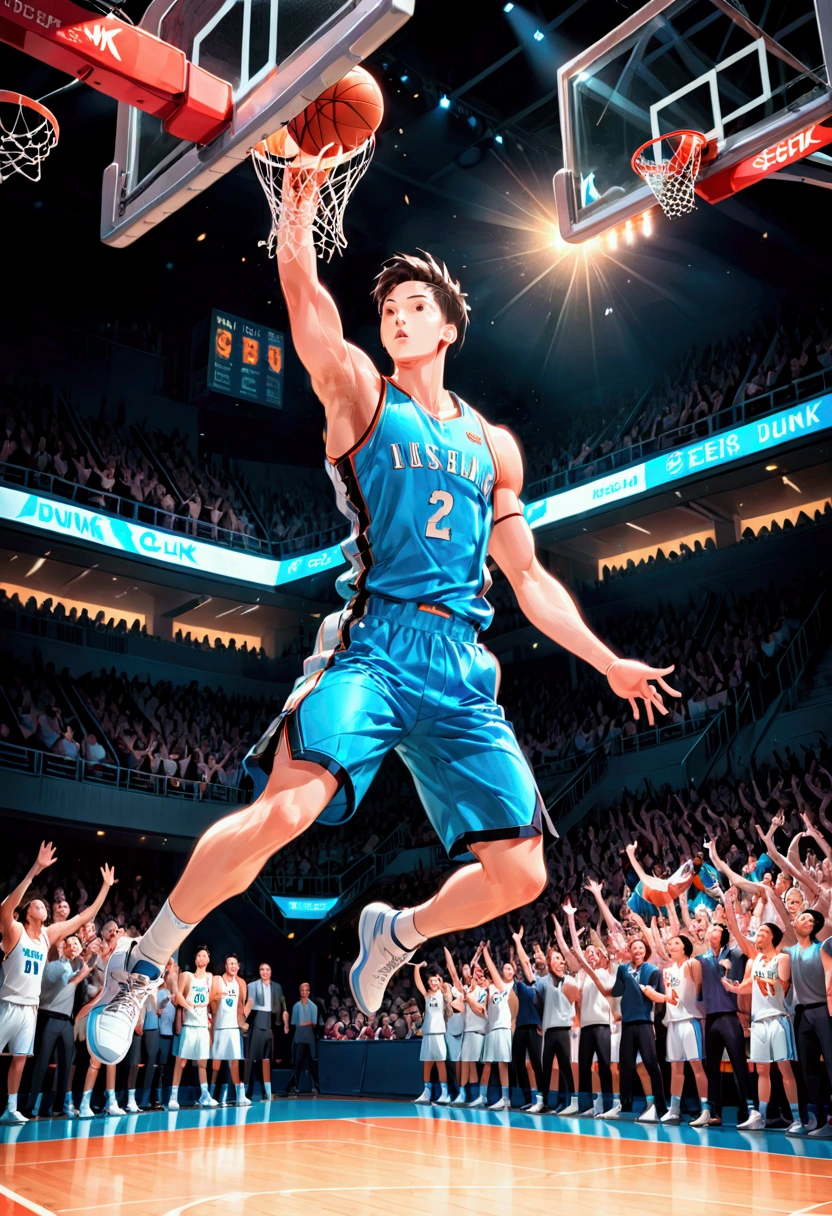 1boy, Game-Winning Dunk, a basketball player jumping high, performing a spectacular slam dunk, intense action pose, muscular male body, dynamic movement, basketball court, crowd cheering, dramatic lighting, cinematic composition, 8k, (4k,highres:1.2), ultra-detailed, studio lighting, extreme detail description, professional, vivid colors, masterpiece, best quality, very aesthetic, absurdres