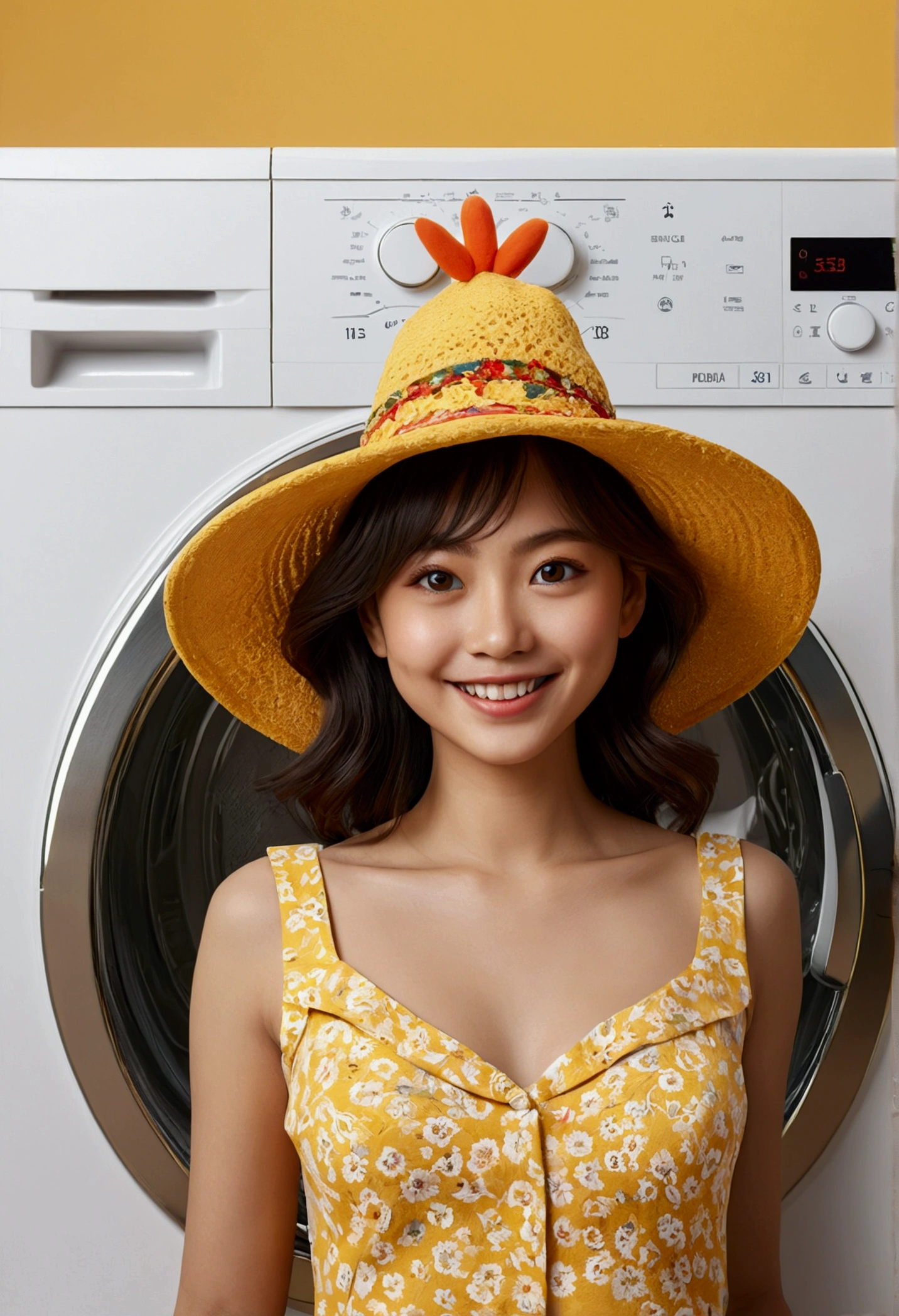 (design of character),Sun with enthusiasm and joy while standing in front of a washing machine, wear a sun hat, Mattresses are chickens, smiling, big shiny eyes, Fantastic,Eccentric,similar to a fairy tale, super detailing, pixel style, vibrant with colors, soft natural light, solid color backdrop, 5-octane rendering, a gorgeous, Ultra Wide Angle, 8k, high realism, 8k