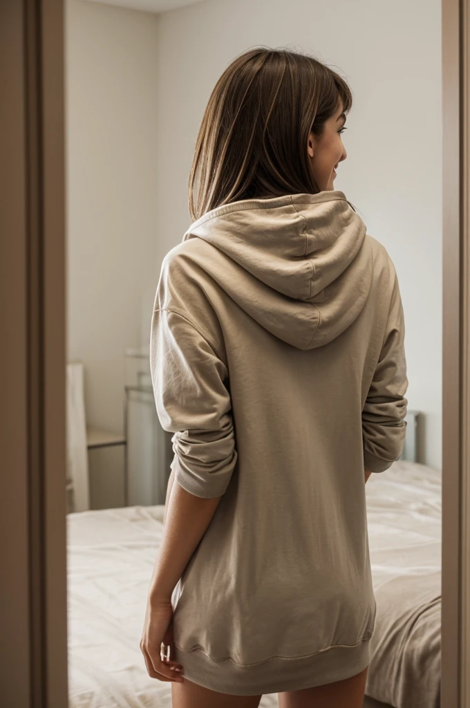 photo of a beautiful girl of 18 years old, wearing only a casual short shirt with a hoodie and, brown hair with light highlights, in a room, naked, fit body, view from back, medium upper body shot, looking at the camera, cute smile, shallow depth of field