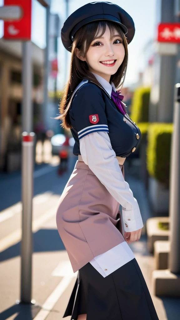 Masterpiece, top quality, very detailed, good anatomy, perfect anatomy, long hair, big breasts, promising smile, dark hair, beautiful face, blush, beautiful eyes, 22 years old, mature, perfect hands , perfect fingers, blush, Japanese stewardess black uniform, black pencik mini
Skirt uniform, hat,