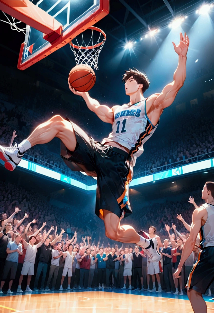 1boy, Game-Winning Dunk, a basketball player jumping high, performing a spectacular slam dunk, intense action pose, muscular male body, dynamic movement, basketball court, crowd cheering, dramatic lighting, cinematic composition, 8k, (4k,highres:1.2), ultra-detailed, studio lighting, extreme detail description, professional, vivid colors, masterpiece, best quality, very aesthetic, absurdres