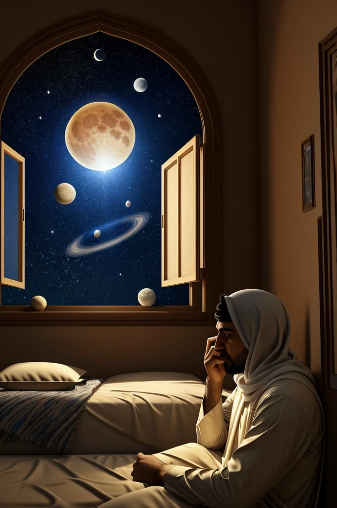 realistic oil paint 3d Youssef Al-Siddiq, as a , looked at the sky from the window of his room. He saw a vision of the planets, the sun, and the moon prostrating to him, a white light hiding his face.