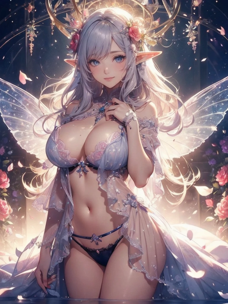 最high quality、1 beautiful woman,elf ((cowboy shot ))、View from the front、美しい虹Farbeに輝く翼、Big angel wings、Wet、Beautiful groin、detailed groin、、Blushing、親しいsmile、Ecstasy、Beautiful thighs、Filled with roses、Lots of roses、Floral Throne、 A magnificent fairy world、flower fractal fine art、Fill the screen with flowers、Bigger on the screen、Beautiful Eyes、、Fairy tale、Märchen Beautiful Eyes,High-definition depiction, Realistic, 8k, Unity, , light smile, Beautifully and vividly drawn, , Beautiful, beautiful, clear skin、sexly see-through  bodystocking ,sexly 、Ecstasy、 Raise your arms behind your head,  Romanticism,mosquito。 The most beautiful form of chaos, Mr..々Farbe, Intertwined flowers, P article,Magical gentle light,smile,sexy,image quality、masterpiece、Beautiful Face、Super beautiful woman((Big breasted 22 year old office lady、Bust 100,Beautiful long ironed hair、Silver Hair、height: 165cm。、sexy、Esbian、high quality、、Visual Arts、最high quality、1 woman NP: Worst quality ,Flower fractal art、、Beautiful radiance,High-definition depiction, Realistic, 8k, Unity, , light smile, Beautifully and vividly drawn, , Beautiful, beautiful, clear skin、sexly ((、see-through underwear,))Countless rays of light pouring down, Swirling Light, , Raise one arm above your head, Intense light is emitted from the magic flower circle in front of the girl. Romanticism,: The most beautiful form of chaos, Mr..々Farbe, Intertwined flowers, Particle,magical gentle light,smile,sexly,image quality、masterpiece、Beautiful Face、Super beautiful elf woman((Big breasted ,Beautiful 、sexly、Esbian、、high quality、Visual art、Written boundary depth、、elf Ears、、universe、Happy smile、、、elegant、ticker beautiful decorative、、magic、、Beautiful bed、A kind smile、wonderful、Fluttering petals、、Cultivate fantasy、、Mystery light　Lots of flowers、、art、art,mystery,Ultra-high resolution,atmosphere 最high quality、