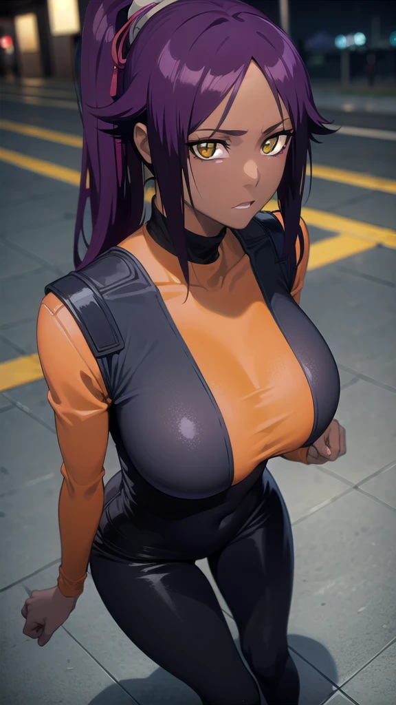 BREAK looking at viewer,BREAK (masterpiece:1.2), best quality, high resolution, unity 8k wallpaper, (illustration:0.8), (beautiful detailed eyes:1.6), extremely detailed face, perfect lighting, extremely detailed CG, (perfect hands, perfect anatomy),yoruichi shihouin, long hair, (yellow eyes:1.5),city,in street,night,lights,wet road,reflections,ponytail, purple hair, dark skin, dark-skinned female,
bodysuit, black bodysuit, bodysuit under clothes, (orange shirt:1.5), long sleeves,nipples,from above,bend over,wet,full body.