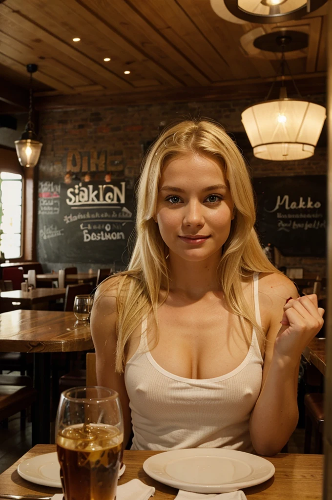 blonde swedish girl in a restaurant