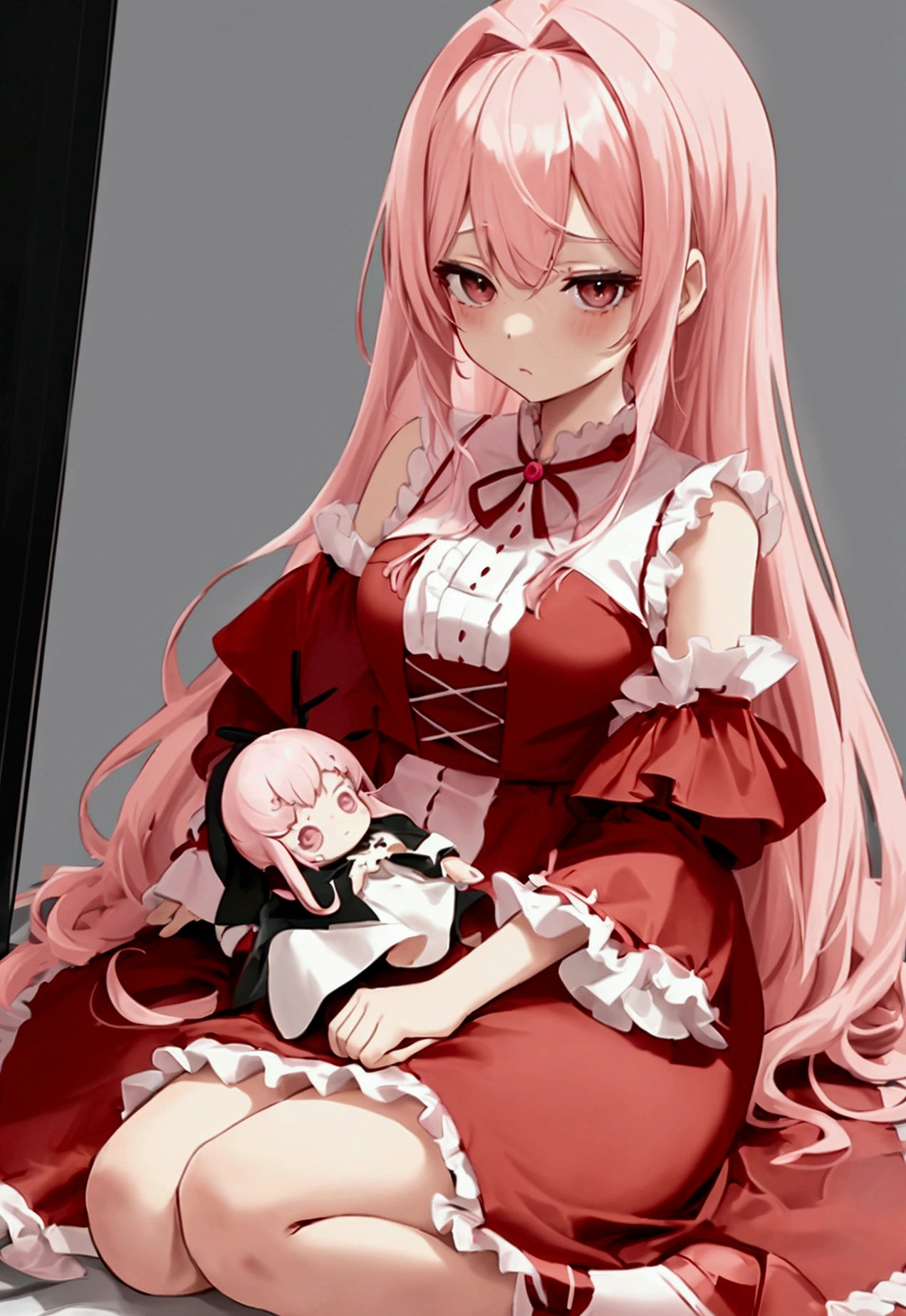a cute light pink haired girl with long hair and big black eyes, with a cute red dress in doll style, her hair tied in a hasty style at the back of her head and on the sides, her face innocent and unsmiling, drawing anime