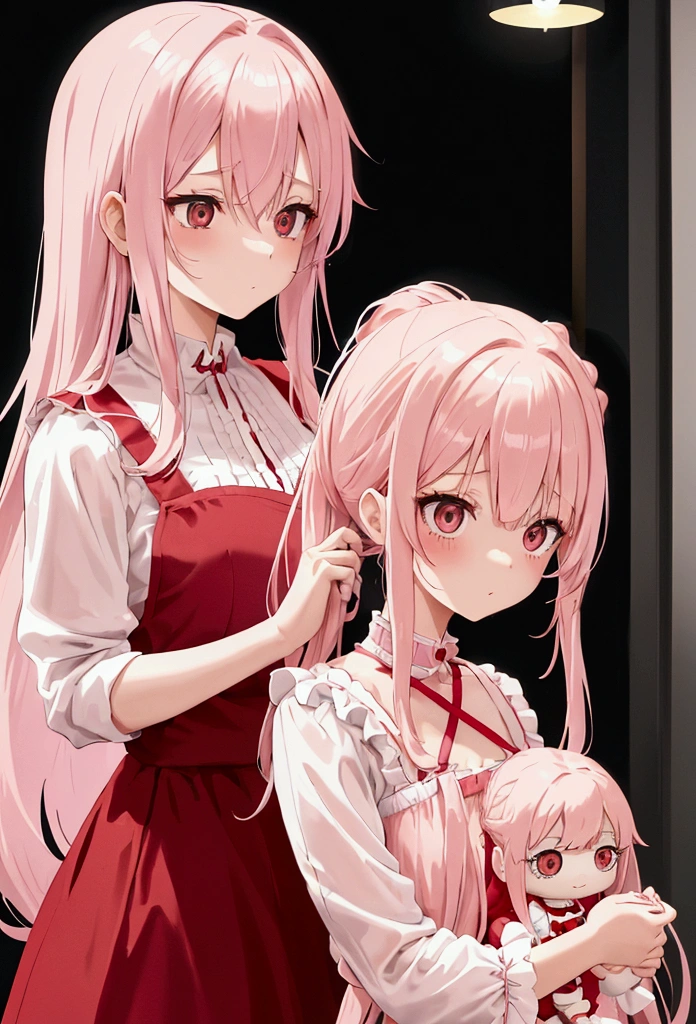 a cute light pink haired girl with long hair and big black eyes, with a cute red dress in doll style, her hair tied in a hasty style at the back of her head and on the sides, her face innocent and unsmiling, drawing anime