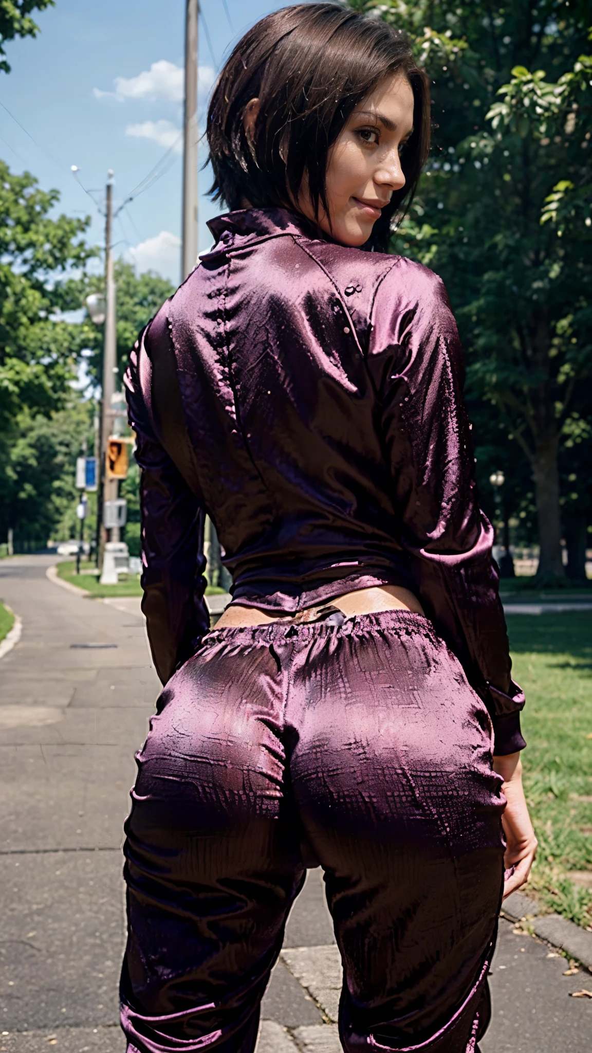 (The FW), 1womanl, Solo, 24 year old, 7headed body, (cute  face), (Ideal ratio body proportions), a park, Running, (((facing back))), ((Buttocks close up)), ((emphasis on the buttocks)), ((Upper body satin tracksuit)), ((Lower body satin tracksuit)), ((long trousers)), Smiling smile, erectile nipple, Sexy body, Wet, short-hair, Dark hair, , A slender, Small buttocks, beauty legs, Skinny Legs, One-person viewpoint, nffsw, masutepiece, ccurate, ((Anatomically correct)), Textured skin, Super Detail, high details, High quality, awardwinning, Best Quality, hight resolution, 4k Sharp,