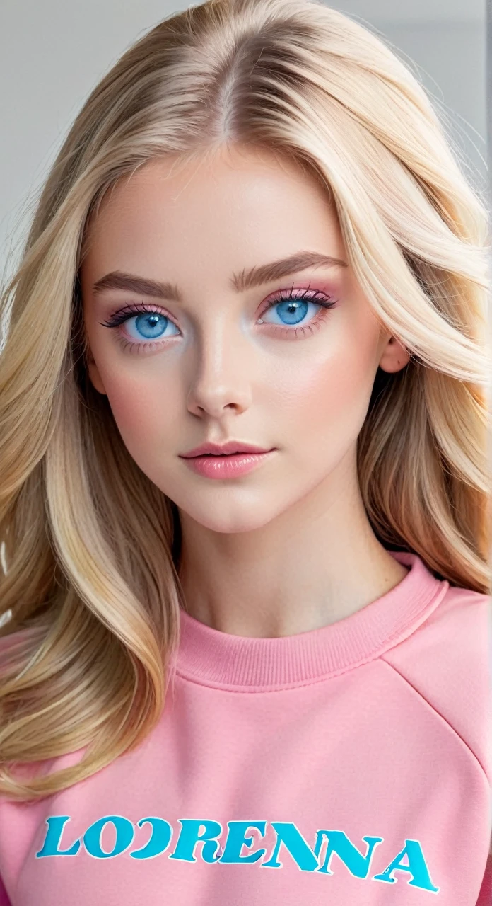 Blonde girl with long hair and blue eyes wearing a pink sweatshirt and the name Lorena written
