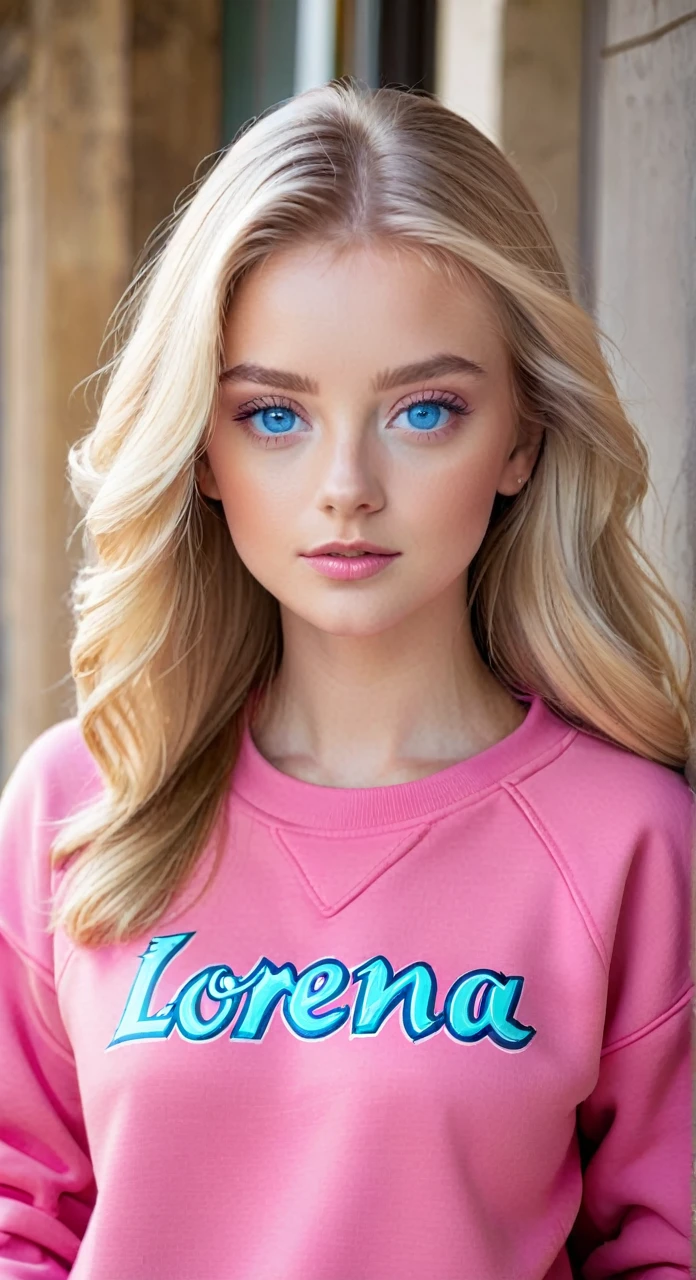 Blonde girl with long hair and blue eyes wearing a pink sweatshirt and the name Lorena written