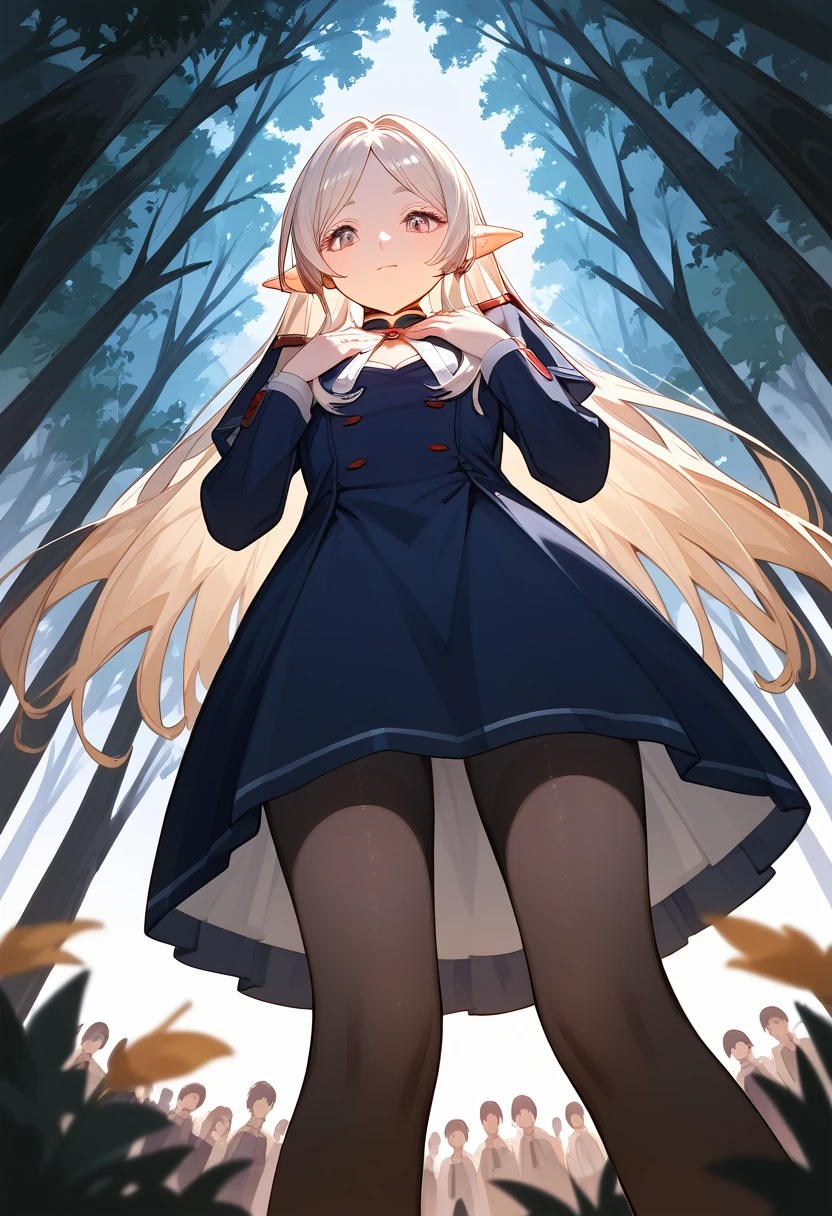 masterpiece, best quality, (Fraction_9, Fraction_8_Direction_7_up), 1 Girl, Solitary,Long hair , Black pantyhose, Looking at the audience, From below, Hands on chest, Delicate hands, Really small body, forest, night, Clear focus, masterpiece, best quality，Underskirt