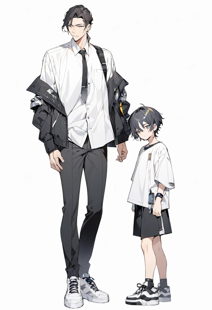 full-body shot of a standing. He is wearing a white shirt & tie, sneakers, and has silver shot hair with a fringe. and is handsome. against a white background. an adult male.