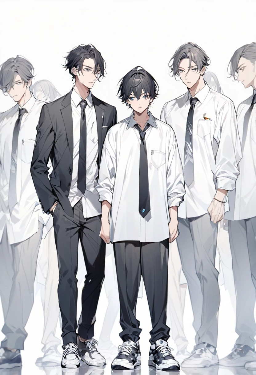 full-body shot of a standing. He is wearing a white shirt & tie, sneakers, and has silver shot hair with a fringe. and is handsome. against a white background. an adult male.