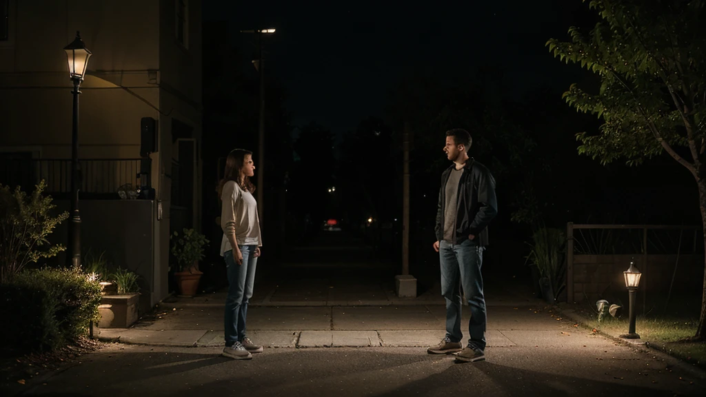 You respond, "Well, I dropped them inside the house."
Your neighbor, confused, says, "You mean you dropped your keys inside the house, and you're looking for them out here under the streetlight? That doesn't make sense."
You reply, "Well, it doesn't make sense to look in the dark when there's light out here."
The setting remains outside under the streetlight.
You and your neighbor are standing, facing each other, having this conversation.
You are wearing the same light gray t-shirt and dark blue jeans.
Your neighbor is wearing a dark jacket and jeans.
The streetlight casts a clear, bright light over the area where you both are standing.
No faces are visible in the image.
The scene captures the moment of dialogue, emphasizing the contrast between the logical and illogical aspects of the situation.