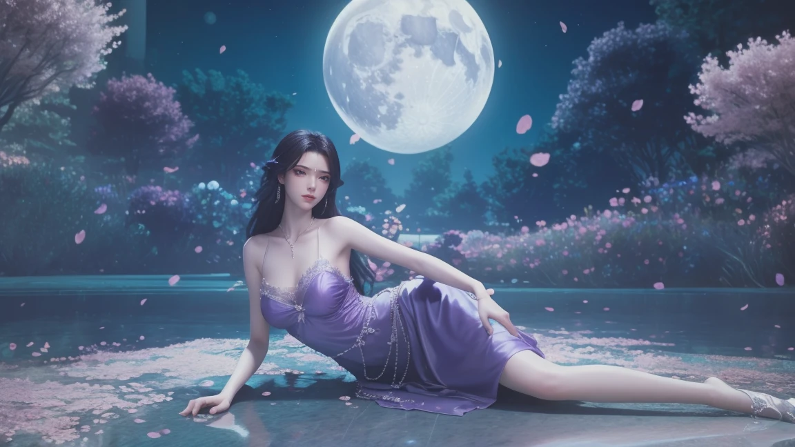 A beautiful woman with perfect curves wearing a long purple dress that gently flutters in the air,The beautiful woman was lie down in a sea of beautiful flowers surrounding her, Chinese traditional, her flexible body increasing with every movement, So enchanting, the dim candlelight, the glowing butterflies fighting the darkness of the night, the light of the moon, The night wind blowing the curtains, the purple flower petals , flower petals flying around the room, Chinese dancing, This woman is so beautiful that she attracts everyone who watches her, ancient China, imperial empress 