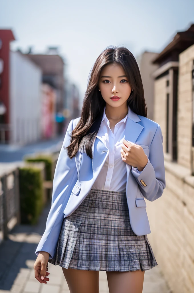 a 16 year old girl, she is the most beautiful actress in the world, the perfect body proportions of this girl, indirect breast bulge of her clothed upper body, the blazer is appropriately buttoned up on the formal shirt above the short skirt that's hardly covering the panties between her bare legs, the panties below the short skirt is seen just 1 cm, it's only one description of one body, it from right above her head to right below her shins are within the space, the front of her body, looking forward to viewer, she is standing, at the city street, nsfw, best quality, highly detailed, masterpiece, ultra high res, photo realistic, 8k, RAW photo