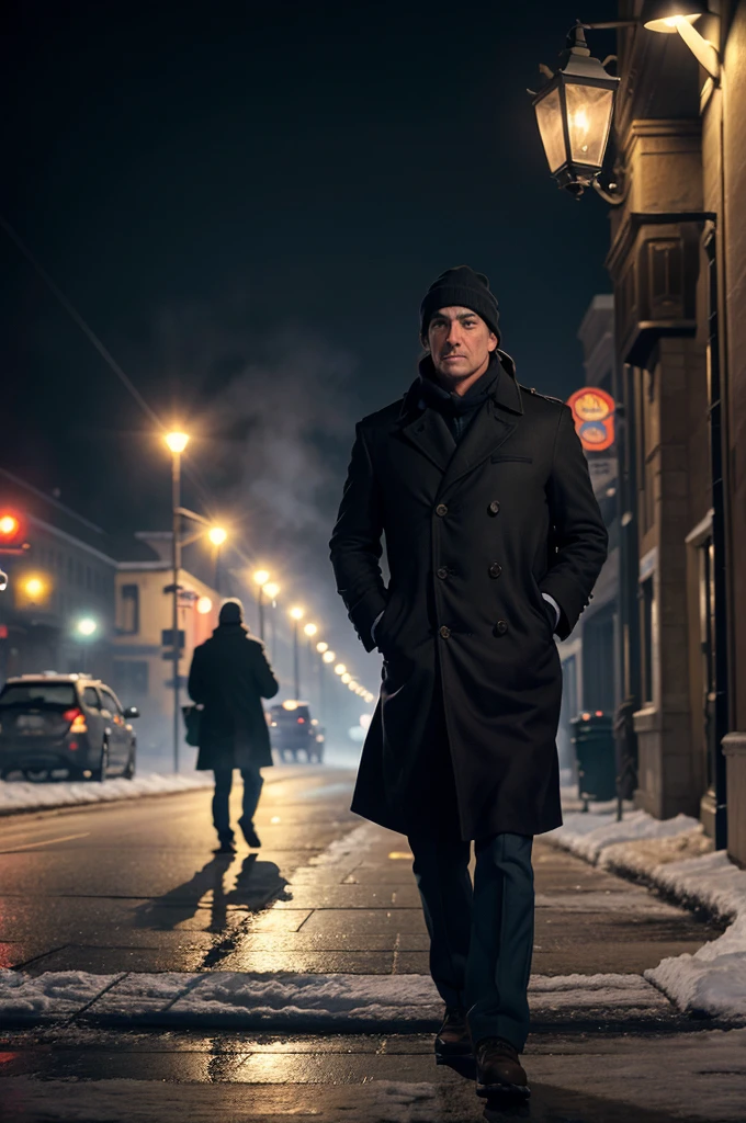 imagine prompt: 2D, personality: A street scene in the city during winter with thick fog, street lights casting a dim glow, people in winter clothes hurrying home, cars passing by, the protagonist's grandfather walking down the street carrying bags of groceries, his expression showing exhaustion and cold. unreal engine, hyper real --q 2