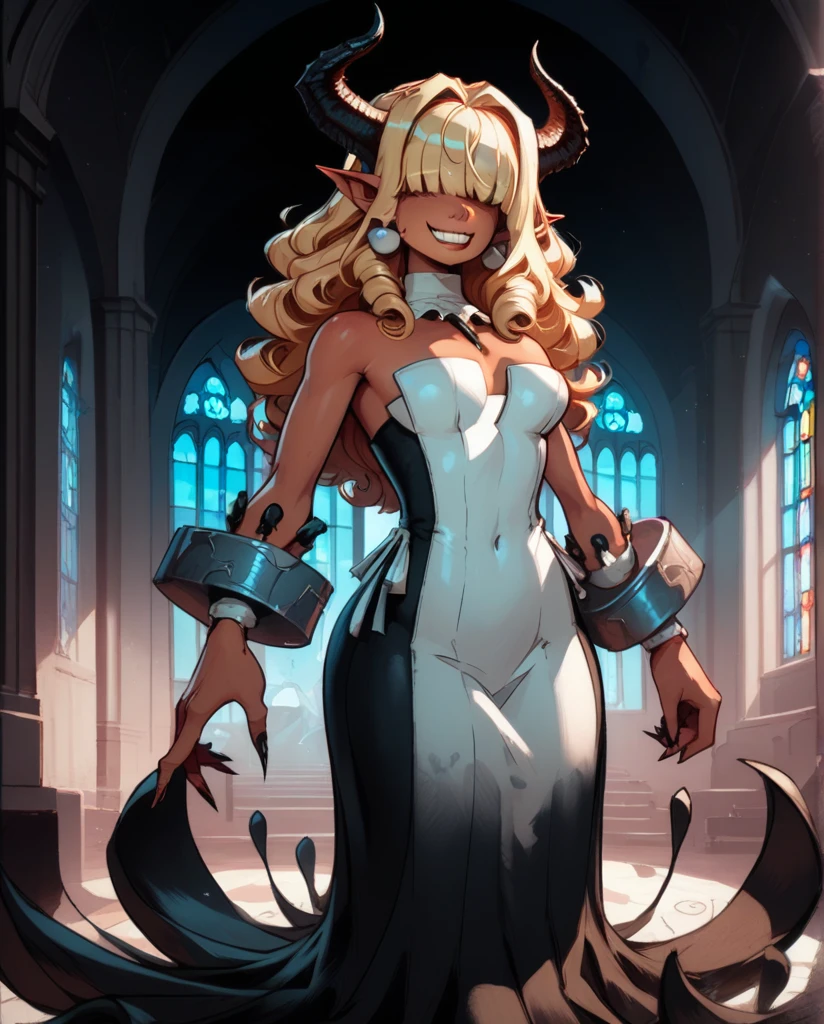 score_9,score_8_up,score_7_up,
Clergyxl,pointy ears,hair over eyes, curly ginger hair big breast,smile,teeth,long hair,hips,
bare shoulders,red strapless dress,pearl earrings,wrist cuffs,wristband,neck brace,
church,underworld,She has tan skin, she has heterochomria iridium, her left eye is orange, and her right eye is yellow, she has long horns on her head that curve into a heart, she has long curly ginger hair with curly bangs thag cover her eyes, she is yet cruvy, she dresses in reds and blacks, wearing a tight dress, and platform heels.