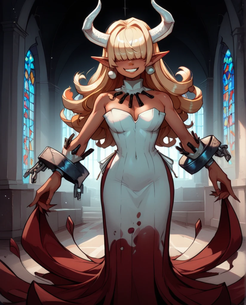score_9,score_8_up,score_7_up,
Clergyxl,pointy ears,hair over eyes, curly ginger hair big breast,smile,teeth,long hair,hips,
bare shoulders,red strapless dress,pearl earrings,wrist cuffs,wristband,neck brace,
church,underworld,She has tan skin, she has heterochomria iridium, her left eye is orange, and her right eye is yellow, she has long horns on her head that curve into a heart, she has long curly ginger hair with curly bangs thag cover her eyes, she is yet cruvy, she dresses in reds and blacks, wearing a tight dress, and platform heels.