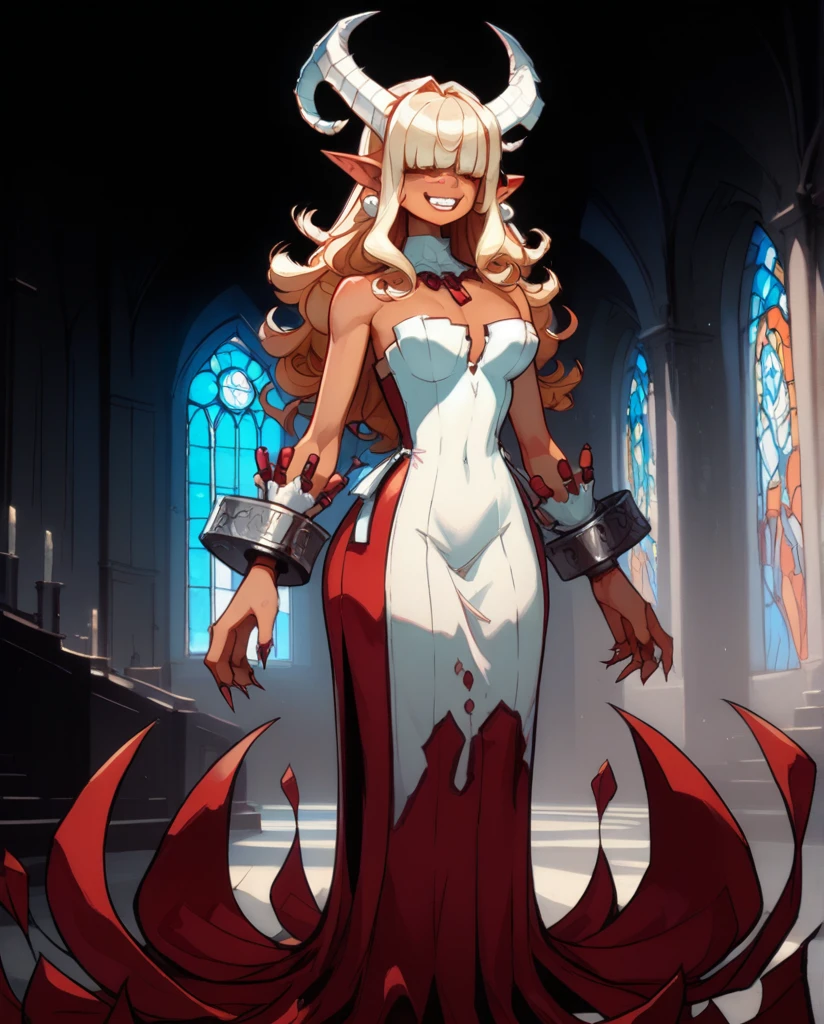 score_9,score_8_up,score_7_up,
Clergyxl,pointy ears,hair over eyes, curly ginger hair big breast,smile,teeth,long hair,hips,
bare shoulders,red strapless dress,pearl earrings,wrist cuffs,wristband,neck brace,
church,underworld,She has tan skin, she has heterochomria iridium, her left eye is orange, and her right eye is yellow, she has long horns on her head that curve into a heart, she has long curly ginger hair with curly bangs thag cover her eyes, she is  yet cruvy, she dresses in reds and blacks, wearing a tight dress, and platform heels.