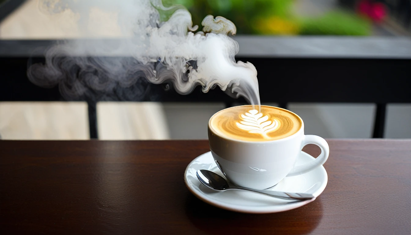 Create a cup steam coffee with latte art and focus on coffee cup with autum Atmosphere