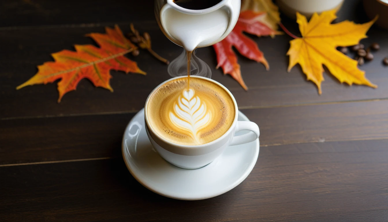 Create a cup steam coffee with latte art and focus on coffee cup with autum Atmosphere