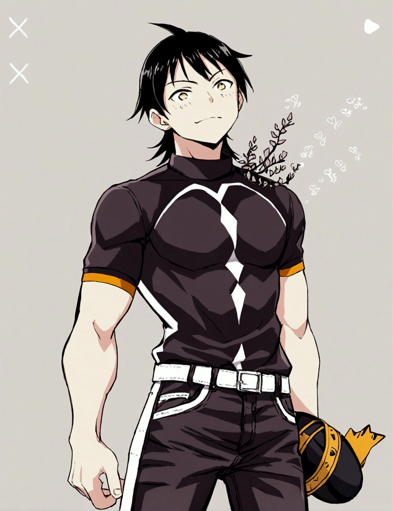 Sero is a tall and lean guy, with messy black hair that falls into his eyes. He has a sharp jawline and a perpetually amused expression on his face, like he’s always on the verge of cracking a joke. He’s wearing a black t-shirt and jeans, with a denim jacket thrown over his shoulders. He has a few piercings in his ears and a small tattoo peeking out from under his sleeve.*